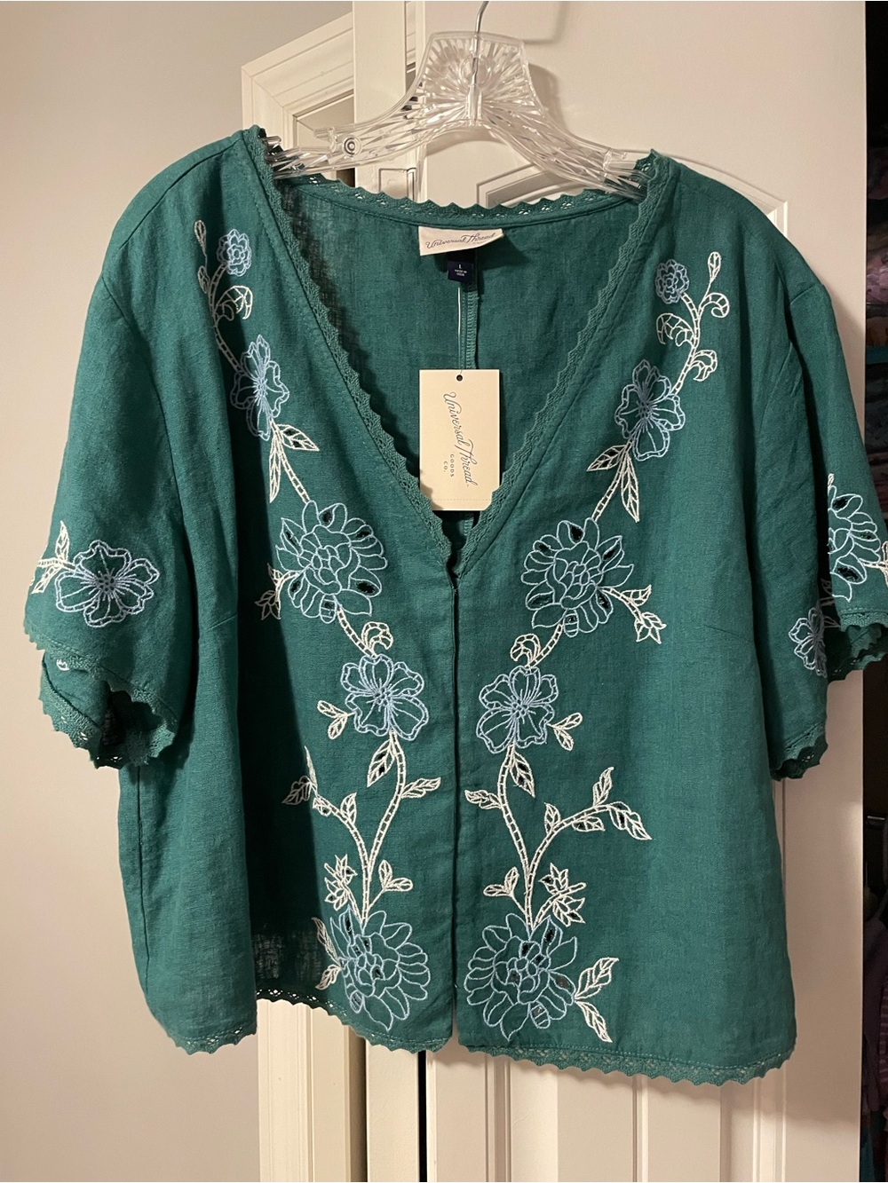 Women's Short Sleeve Cutwork V-Neck Blouse - Universal Thread™ Green